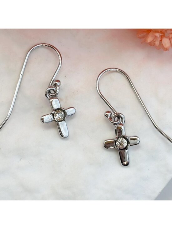 Jewelry - Cross Shaped Clear Cubic Zirconia Gemstone 925 Sterling Silver Vintage Earrings